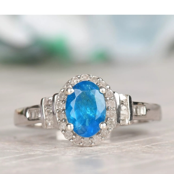Genuine Neon Apatite & Diamond Ring Platinum over Sterling Silver Sz 10! ✨️ - Picture 3 of 11
